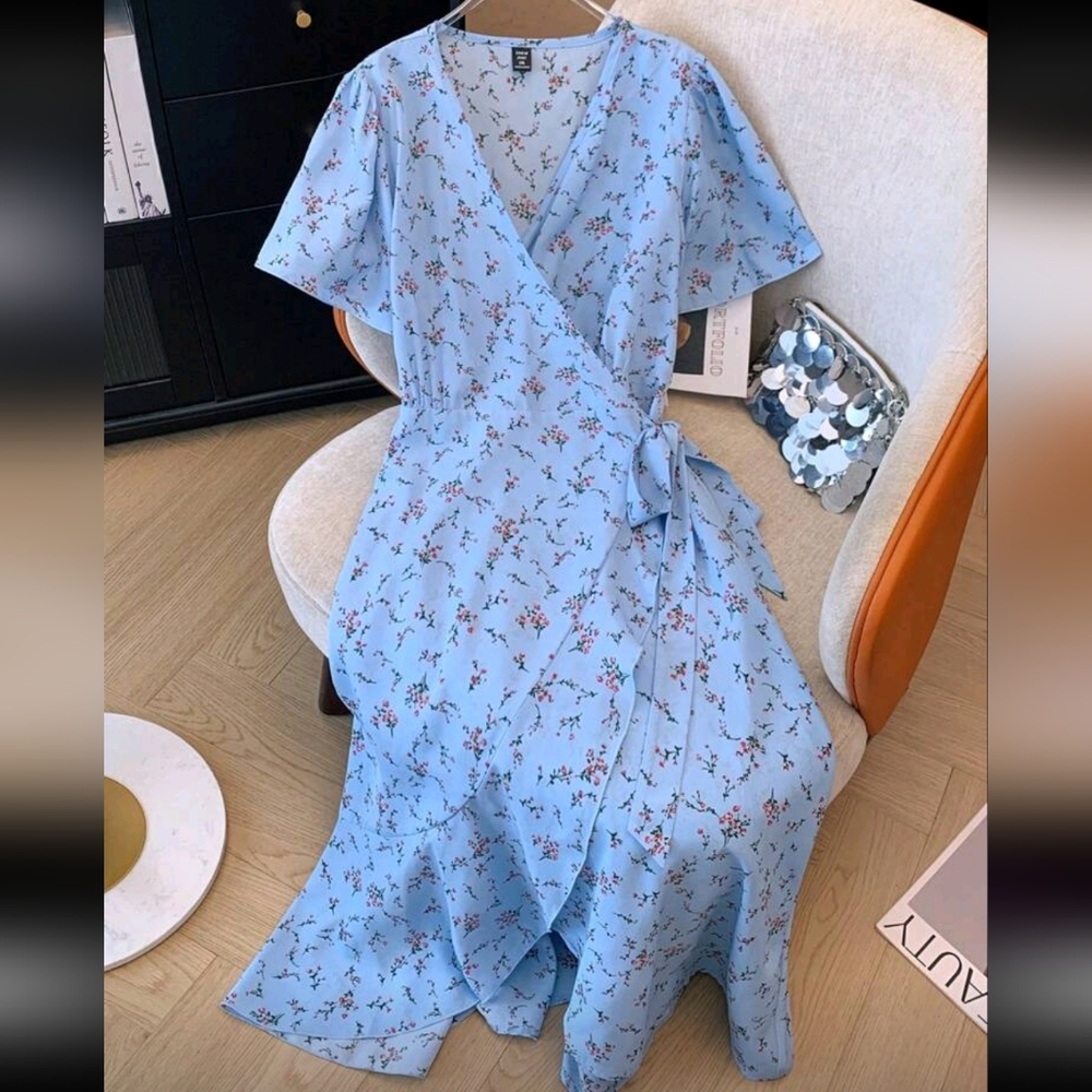 Floral Blue Wrap Dress
